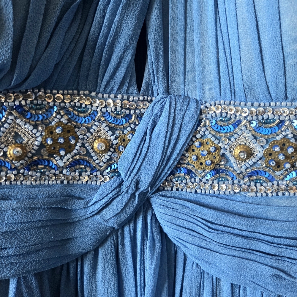 Adrianna Papell Blue Dress with Gold Beading
